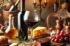 DALL·E 2024-10-22 15.00.46 – A refined setting with a wine bottle and glass of red wine on a wooden table. The scene includes a variety of dishes such as steak, cheeses, and choco