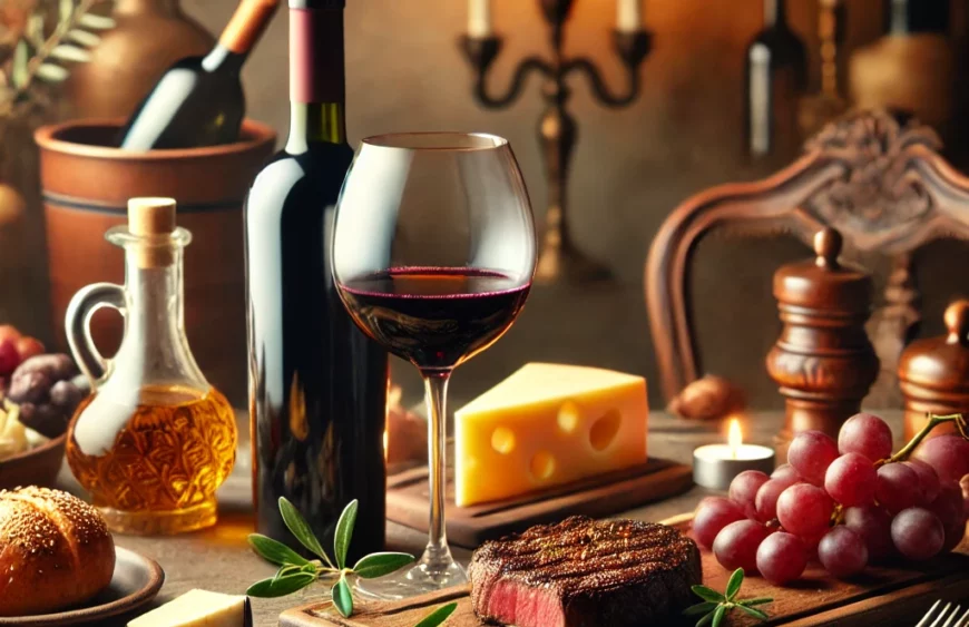 DALL·E 2024-10-22 15.00.46 – A refined setting with a wine bottle and glass of red wine on a wooden table. The scene includes a variety of dishes such as steak, cheeses, and choco